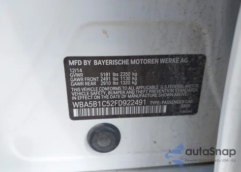 2015 BMW 535I z USA, uszkodzony, nr VIN WBA5B1C52FD922491